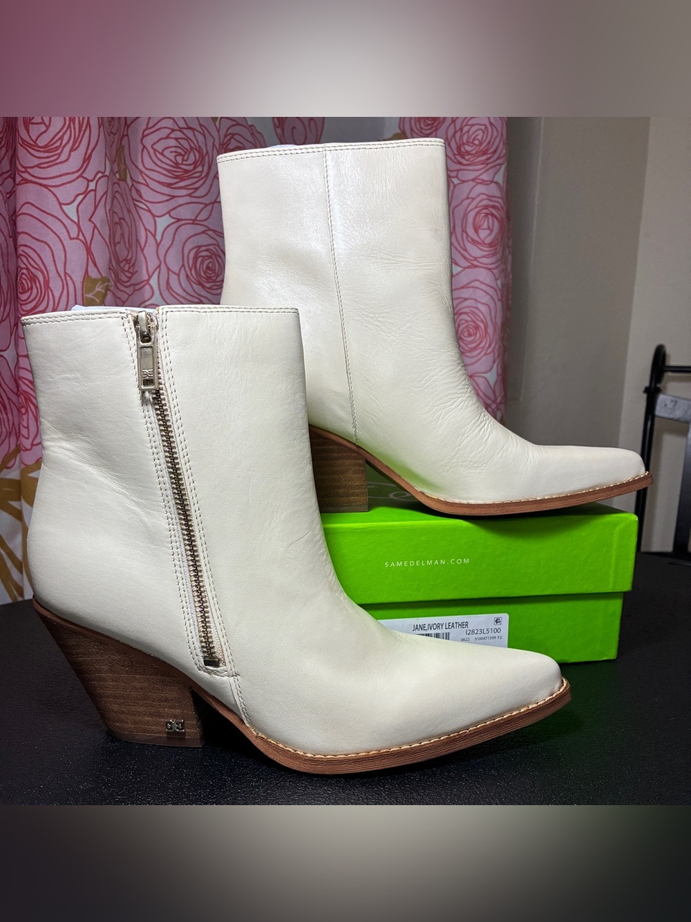 Sam Edelman Jane Ivory Leather Booties with Stacked Heel